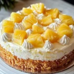 A delicious Juicy Pineapple Heaven Cake topped with fresh pineapple and cream.
