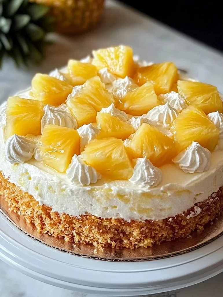 A delicious Juicy Pineapple Heaven Cake topped with fresh pineapple and cream.