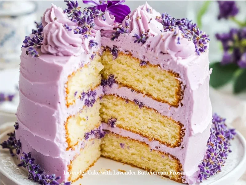 Lavender Cake with Lavender Buttercream Frosting 1 Lavender Cake topped with Lavender Buttercream Frosting on a decorative plate