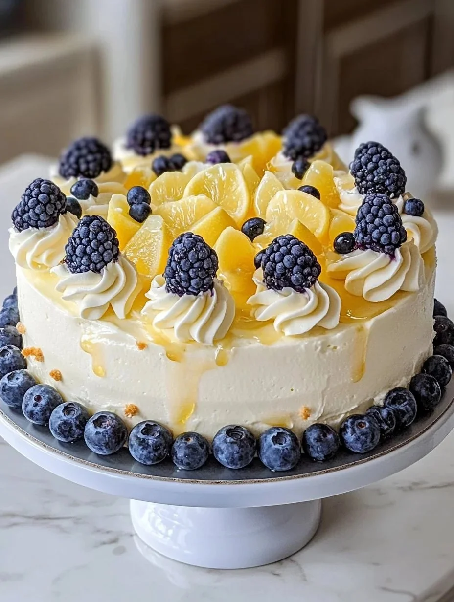 Delicious lemon blueberry cheesecake cake topped with fresh blueberries.