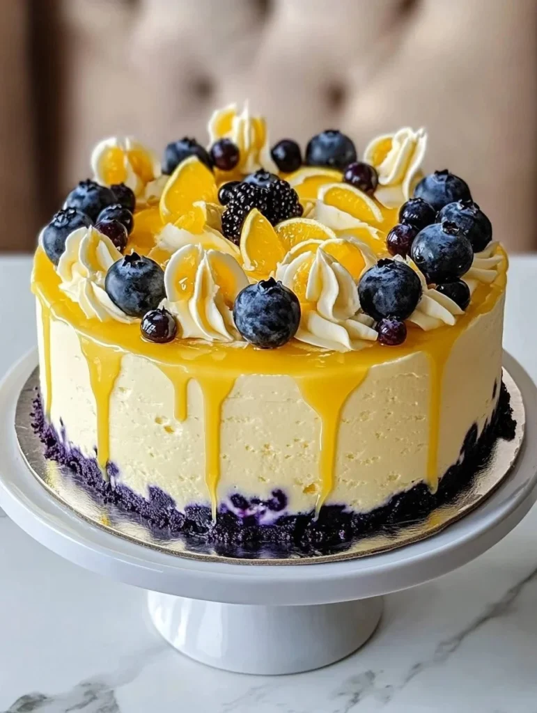 Delicious lemon blueberry cheesecake cake with vibrant blueberries and creamy layer.