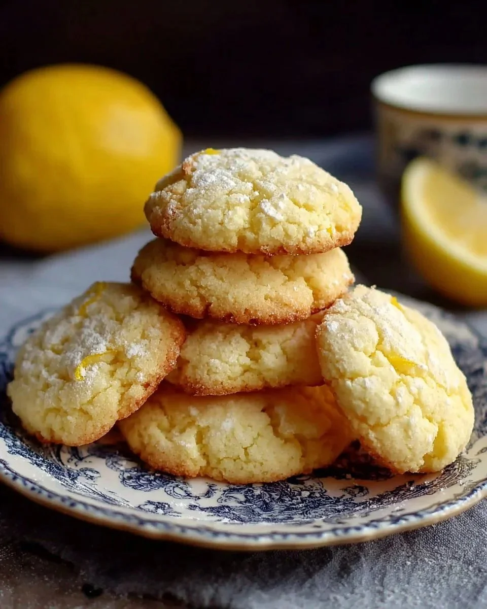 Zesty lemon cake mix cookies on a plate, showcasing their soft texture and vibrant color.