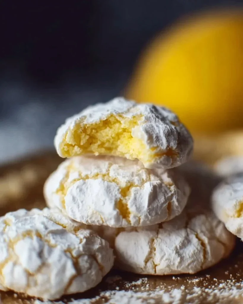 Freshly baked Lemon Crinkle Cookies dusted with powdered sugar