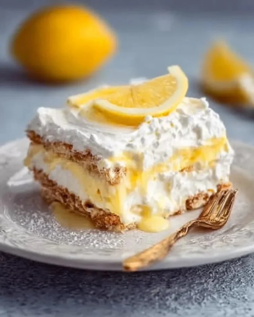 Slice of no-bake lemon icebox cake served on a plate with lemon slices