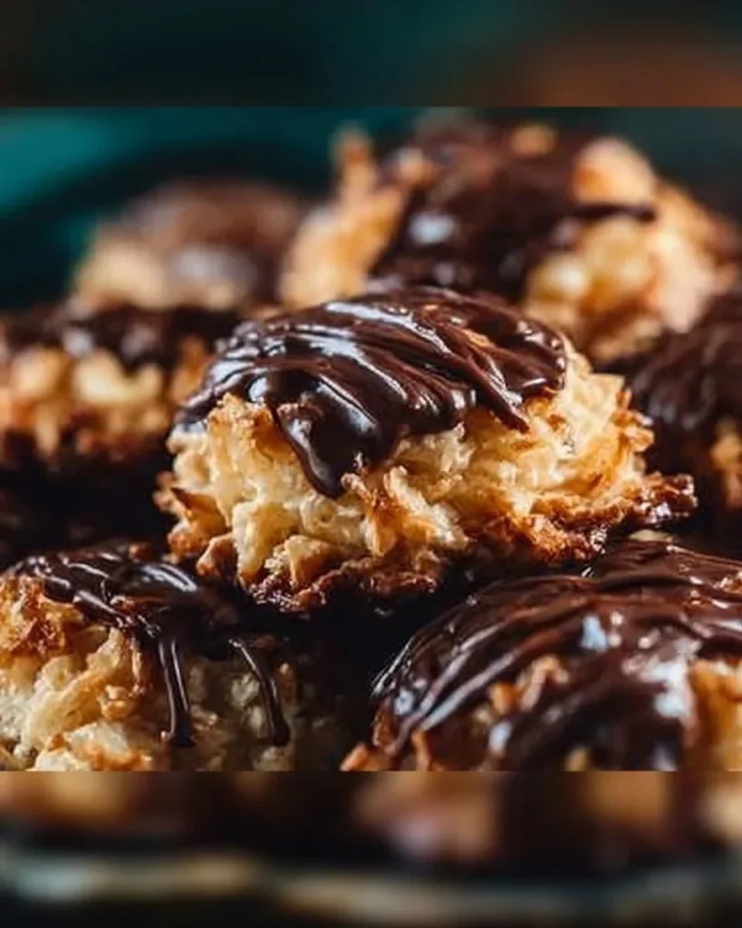 Plate of no bake Samoa Cookies topped with caramel and coconut
