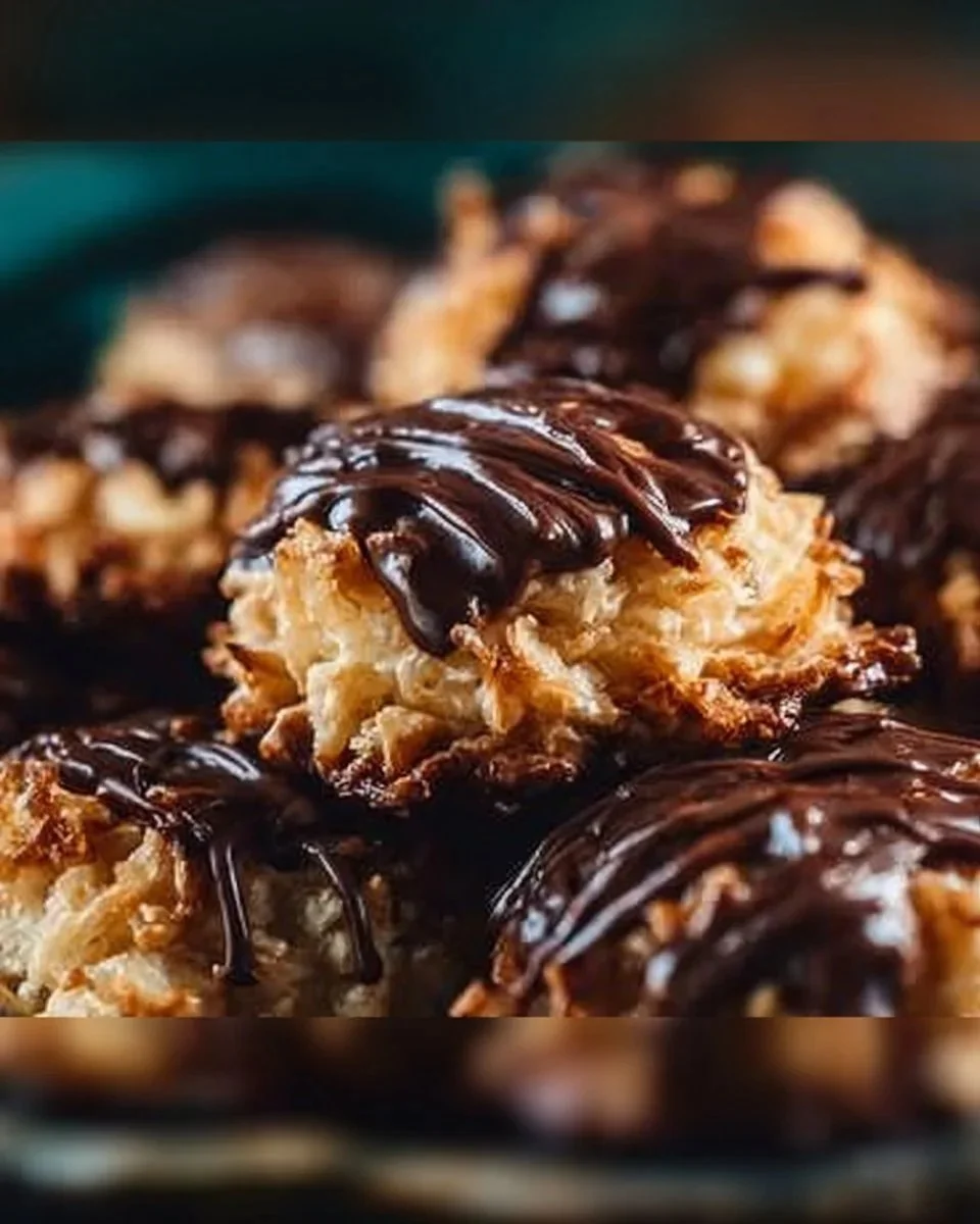 Plate of no bake Samoa Cookies topped with caramel and coconut