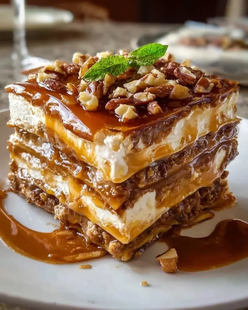 No-Bake Turtle Lasagna dessert topped with caramel and chocolate layers