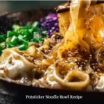 Delicious potsticker noodle bowl with vegetables and broth