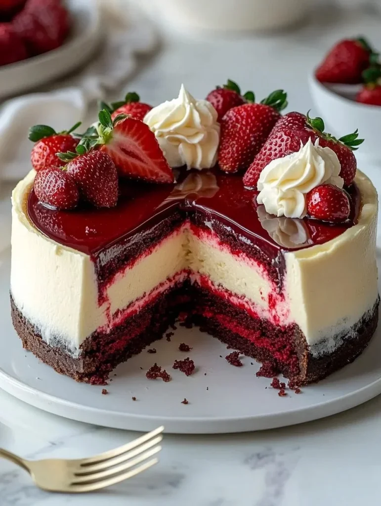 Slice of red velvet strawberry cheesecake on a plate with fresh strawberries