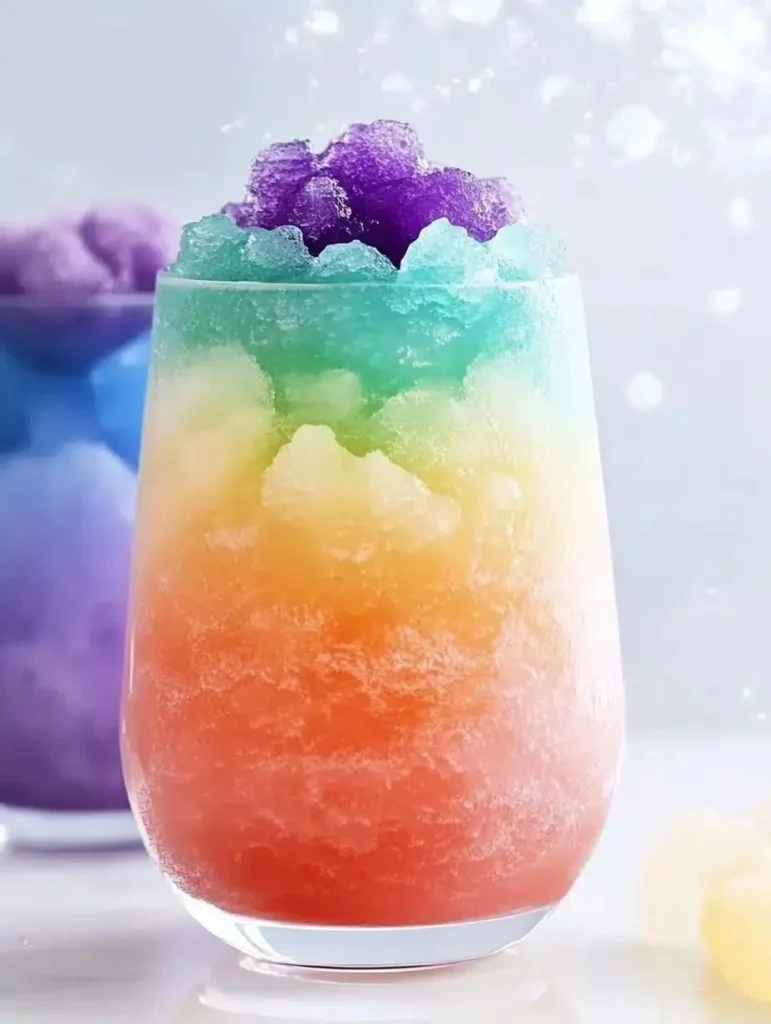 Colorful summer slushy in a glass with ice, perfect for hot days