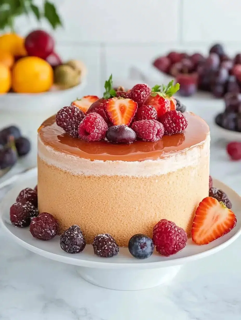 Sangria Soaked Sponge Cake 1 Sangria Soaked Sponge Cake with fresh fruits on a rustic wooden table