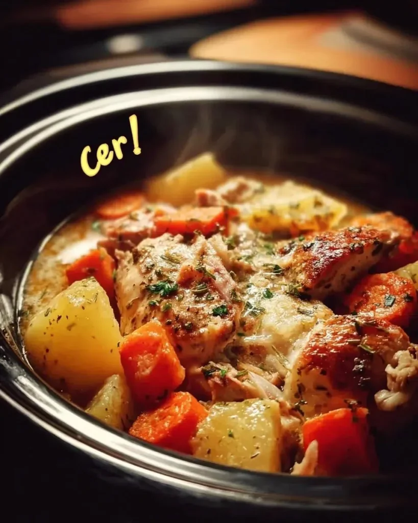 Simple chicken, potato, and carrot dish in a crockpot for a warm dinner