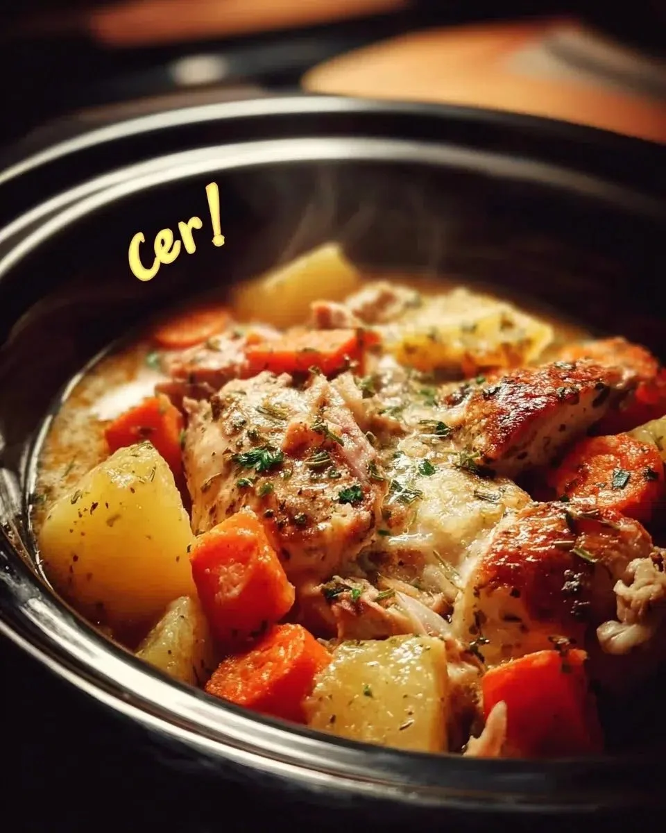 Simple chicken, potato, and carrot dish in a crockpot for a warm dinner