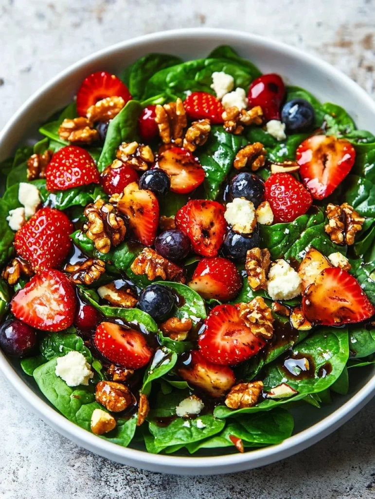 Spinach strawberry salad with balsamic dressing served in a bowl