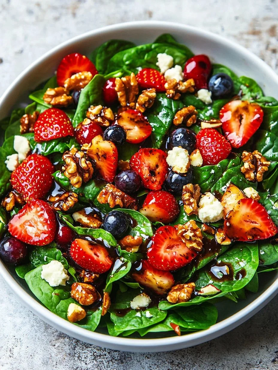 Spinach strawberry salad with balsamic dressing served in a bowl