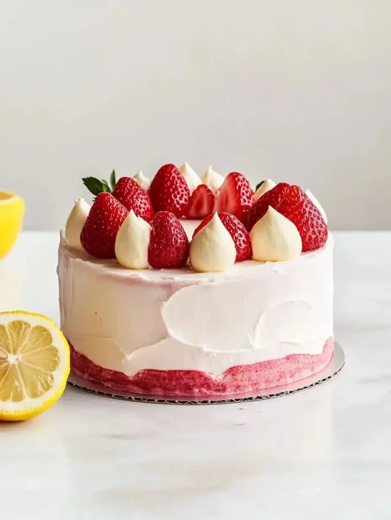 Delicious slice of strawberry lemon cake topped with fresh strawberries and lemon zest