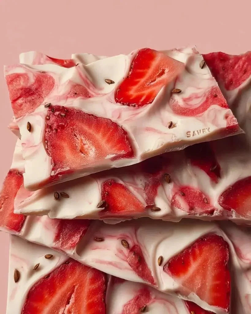 Delicious strawberry yogurt bark topped with fresh strawberries and nuts