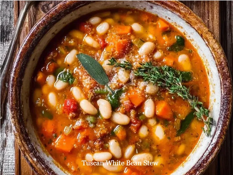 Bowl of Tuscan white bean stew with vegetables and herbs