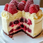 White Chocolate Raspberry Cake topped with raspberries and white chocolate shavings