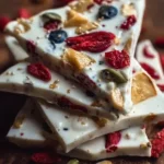 Homemade yogurt bark topped with fruits and nuts, served as a frozen treat.