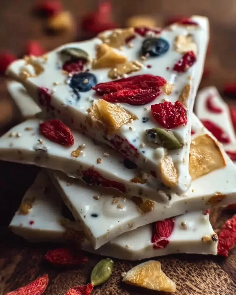 Homemade yogurt bark topped with fruits and nuts, served as a frozen treat.