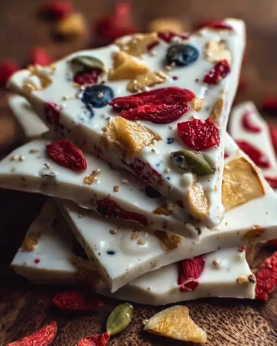 Yogurt Bark Recipe — Easy Homemade Frozen Yogurt 1 Homemade yogurt bark topped with fruits and nuts, served as a frozen treat.