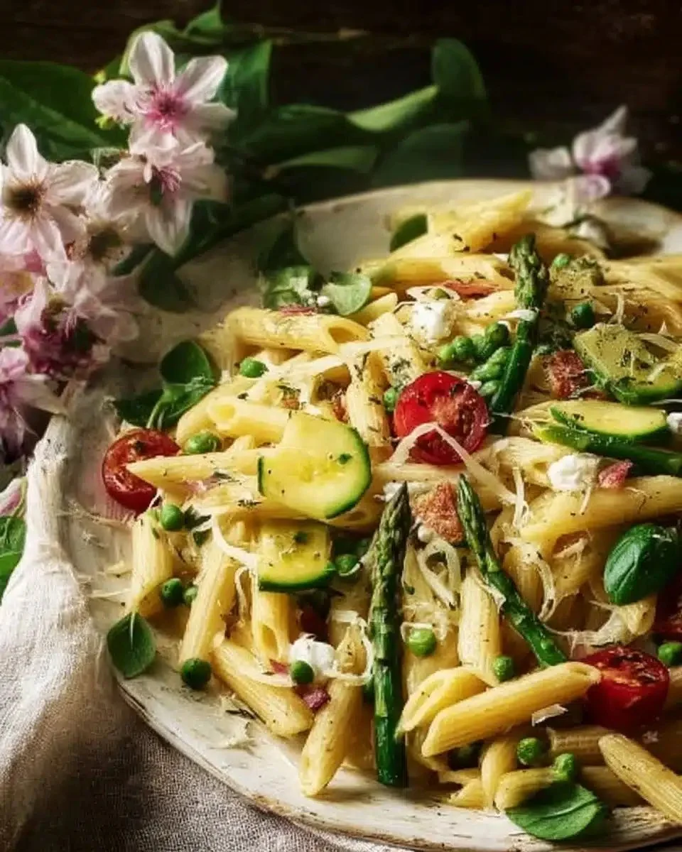 Delicious asparagus lemon pasta plated with fresh herbs and lemon zest