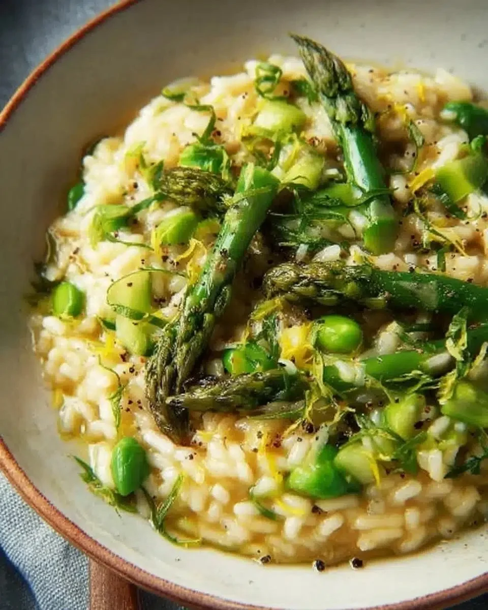 Delicious creamy asparagus risotto served in a bowl, ideal for spring dinners.