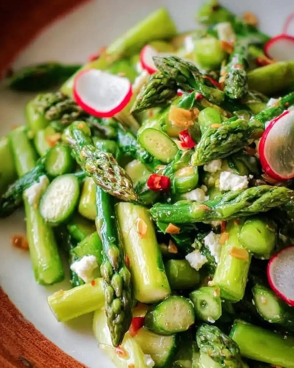 Asparagus salad garnished with lemon vinaigrette and fresh herbs