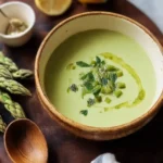 Bowl of creamy asparagus soup garnished with fresh herbs