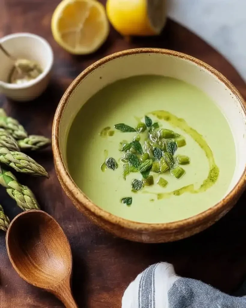 Bowl of creamy asparagus soup garnished with fresh herbs