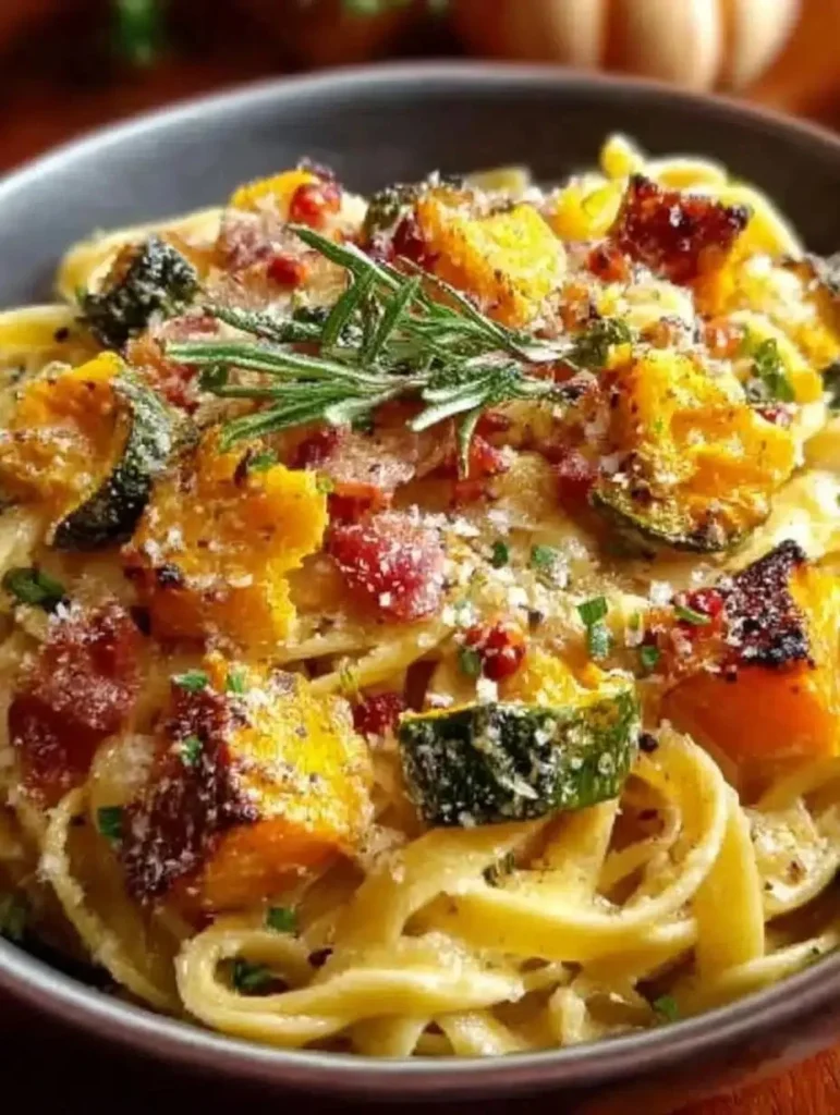 Bowl of Autumn Sausage Pasta garnished with herbs and seasonal vegetables