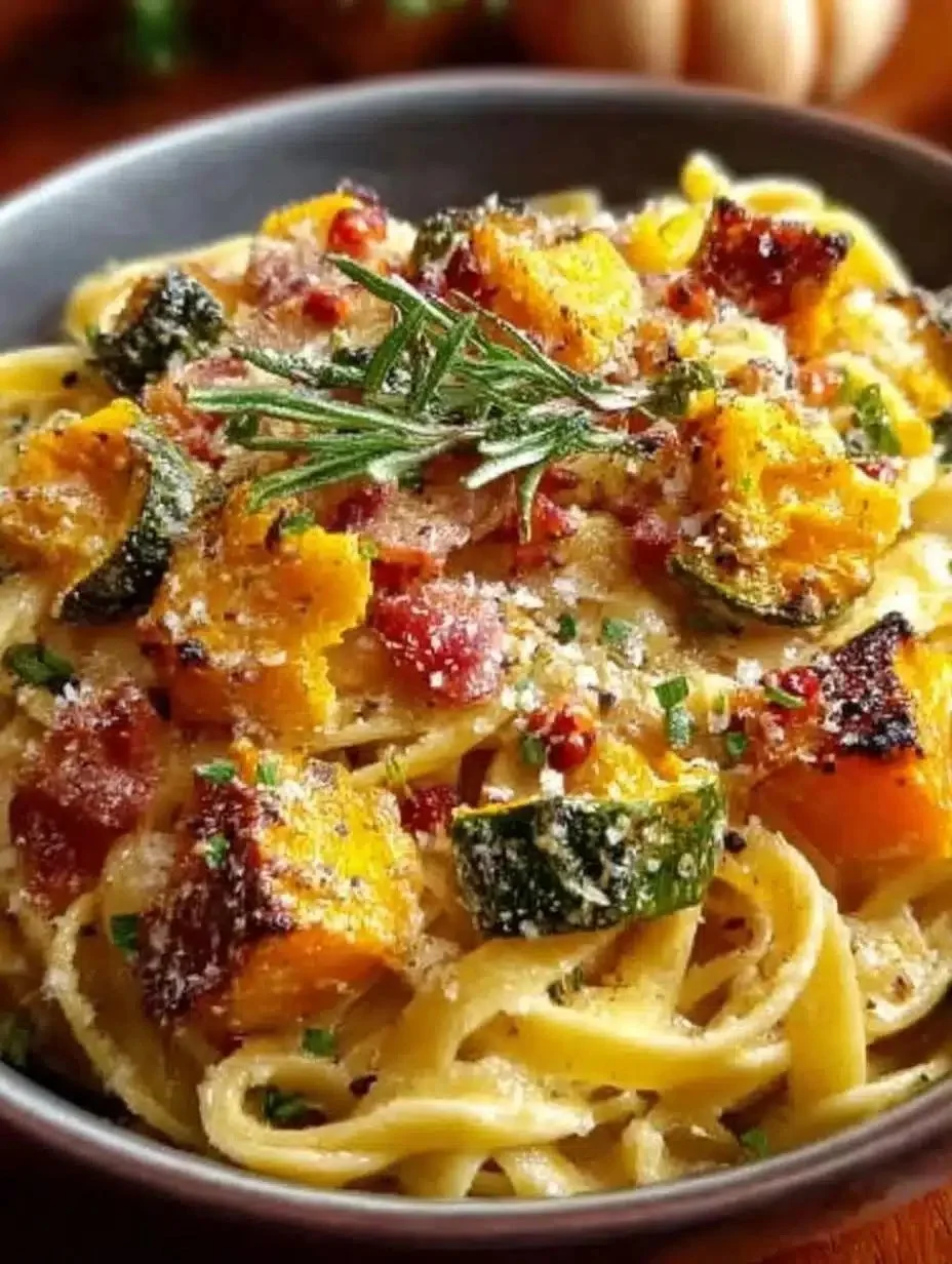 Bowl of Autumn Sausage Pasta garnished with herbs and seasonal vegetables