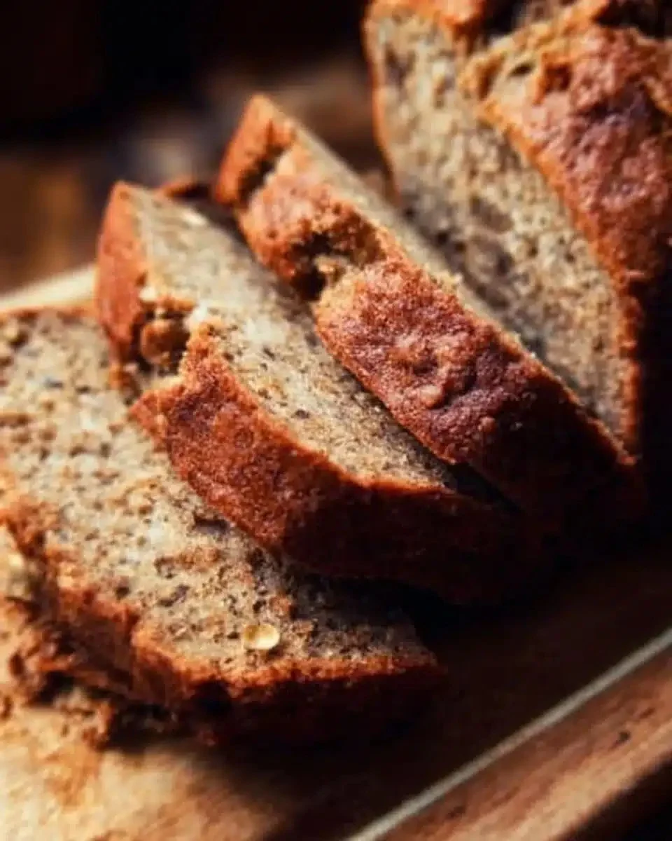 Moist banana bread loaf sliced on a wooden cutting board