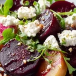 Vibrant beet salad topped with goat cheese and balsamic dressing.