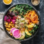 Colorful Buddha Bowl filled with fresh vegetables, grains, and plant-based protein