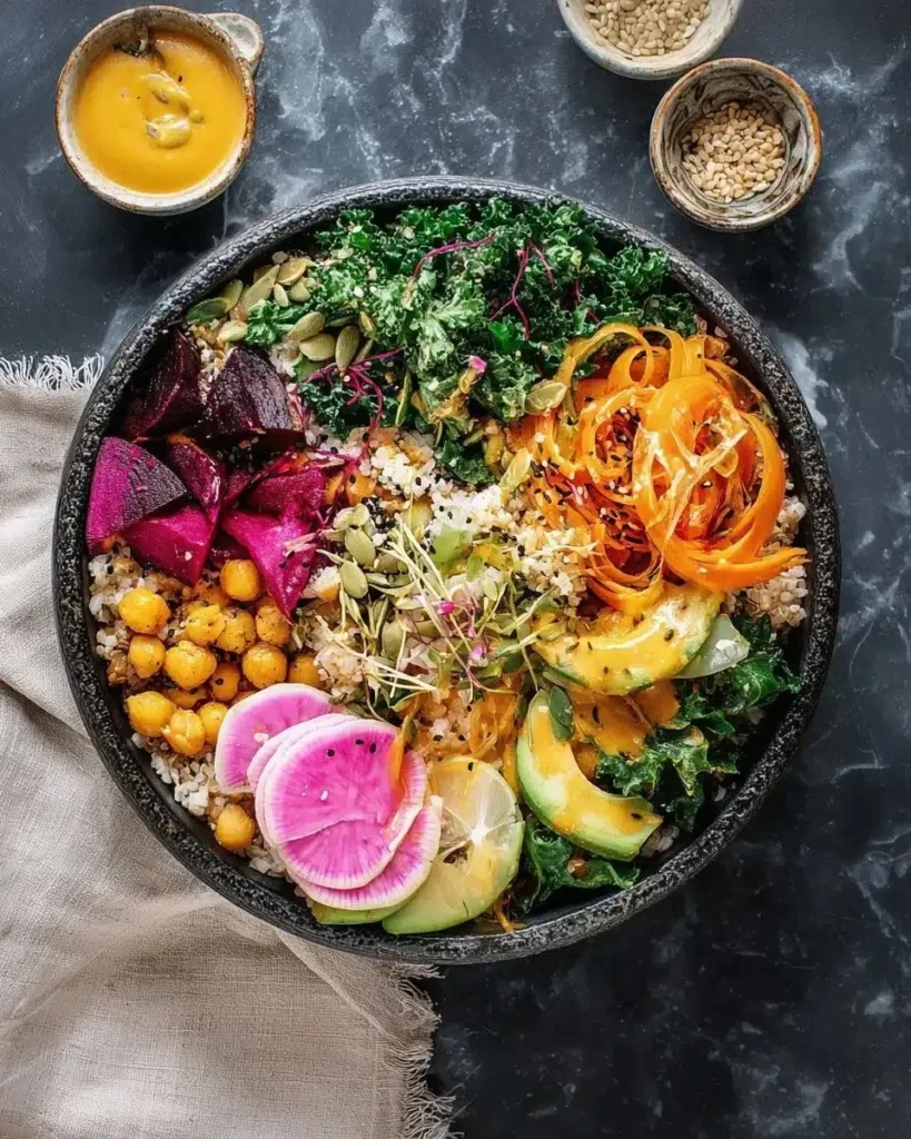 Colorful Buddha Bowl filled with fresh vegetables, grains, and plant-based protein