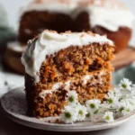 Moist and classic carrot cake with cream cheese frosting on a wooden table