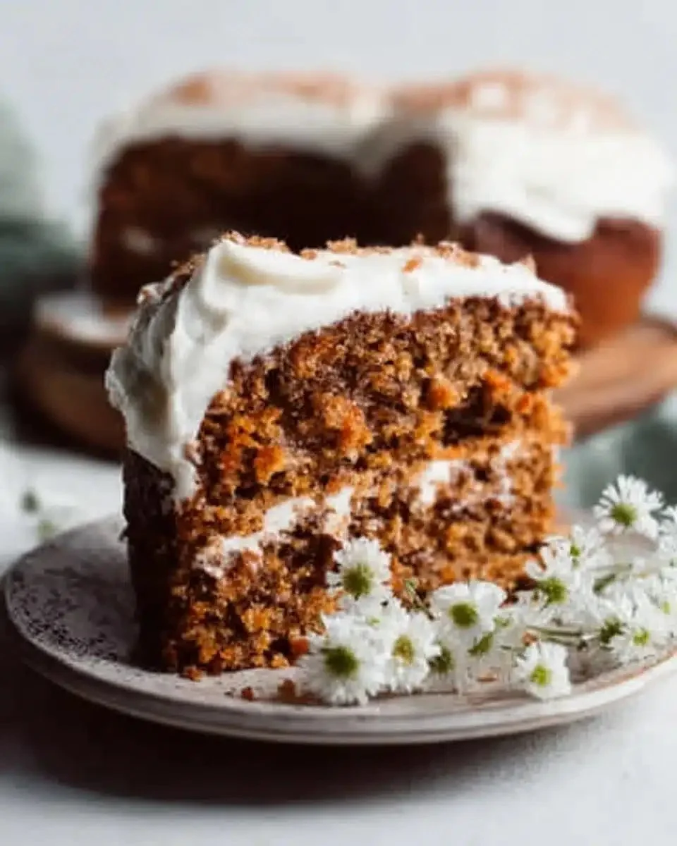 Moist and classic carrot cake with cream cheese frosting on a wooden table