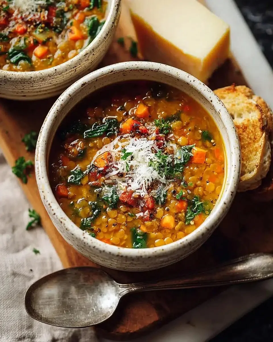 Bowl of hearty lentil soup with vegetables and herbs, perfect for weeknight meal.