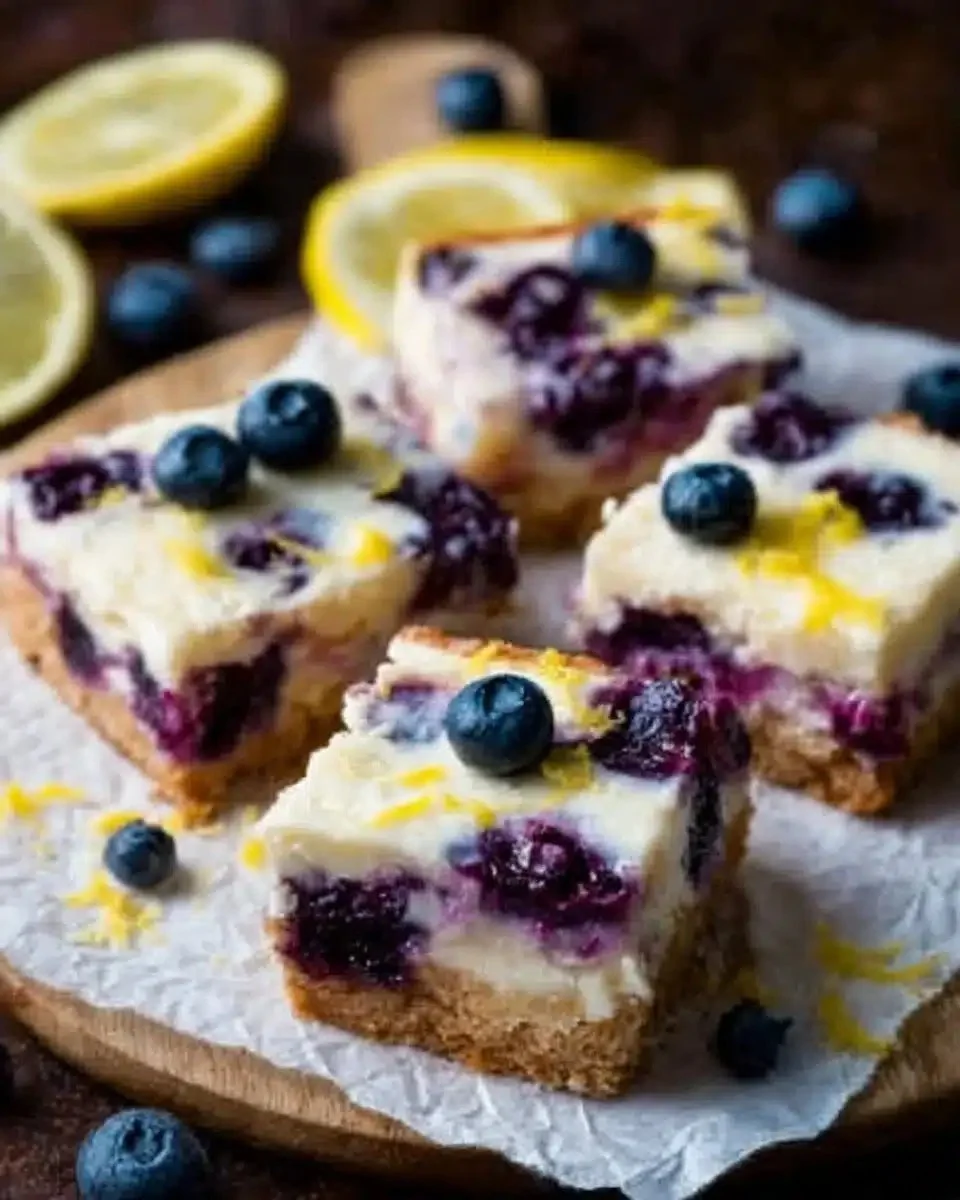 Bright lemon and blueberry cheesecake bars on a white plate