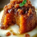 Carrot pudding drizzled with brown sugar sauce in a serving dish