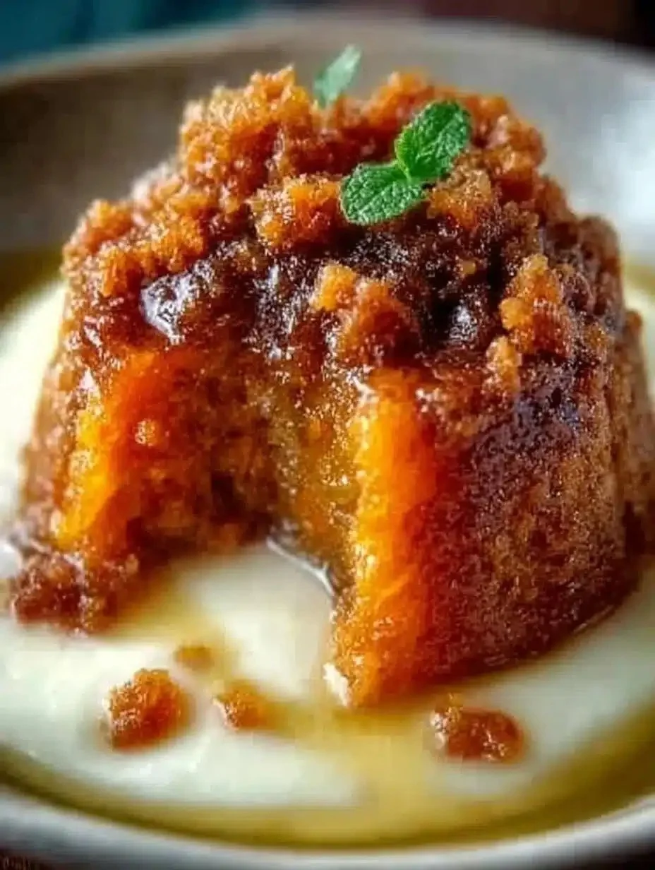 Carrot pudding drizzled with brown sugar sauce in a serving dish