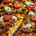 Delicious cheeseburger pizza topped with beef, cheese, and pickles