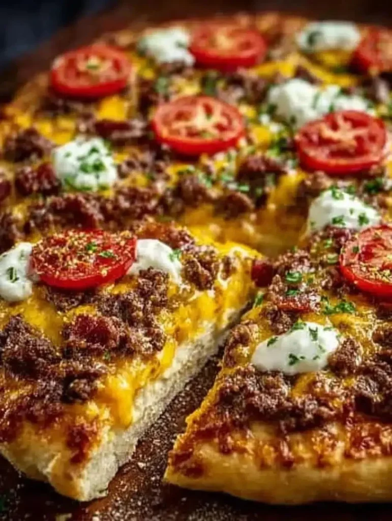 Delicious cheeseburger pizza topped with beef, cheese, and pickles