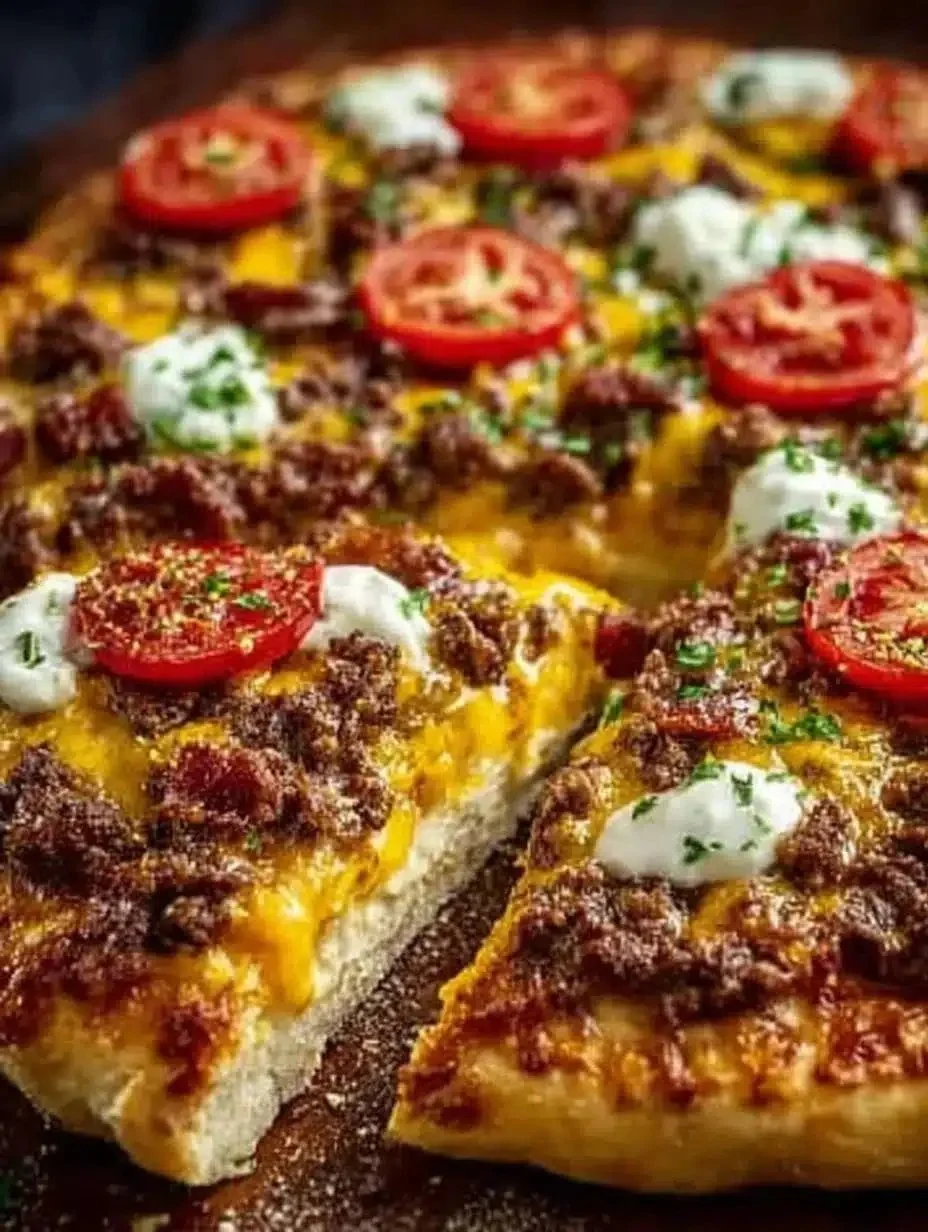 Cheeseburger Pizza 1 Delicious cheeseburger pizza topped with beef, cheese, and pickles