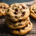 Delicious chewy chocolate chip cookies, thick and soft, ready to be enjoyed.