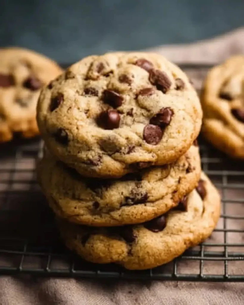 Delicious chewy chocolate chip cookies, thick and soft, ready to be enjoyed.