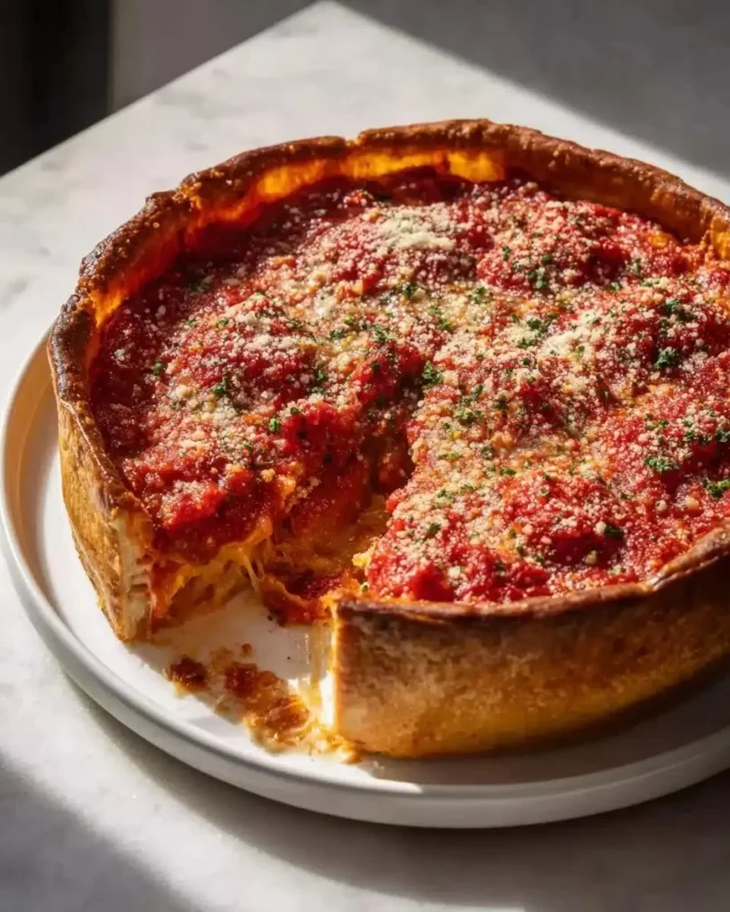 Chicago-style deep dish pizza topped with Italian sausage and gooey cheese