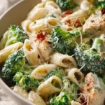 Creamy Chicken Broccoli Alfredo served on a plate with parsley garnish